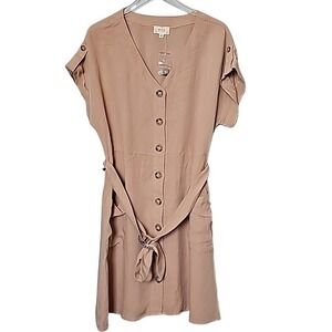 Perch Blu Pepper Summer NWT 1X Khaki Button Front Short Sleeve Casual Dress